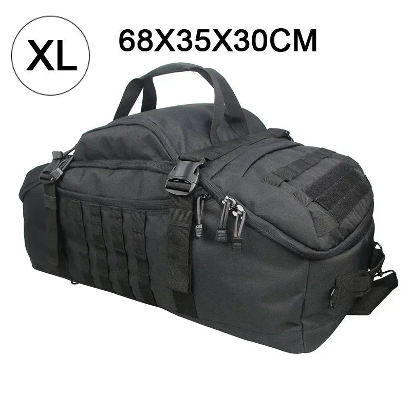 Schwarze XL-Taktische Reisetasche, 68x35x30cm, robustes Nylon, mehrere Fächer, Reißverschlüsse.