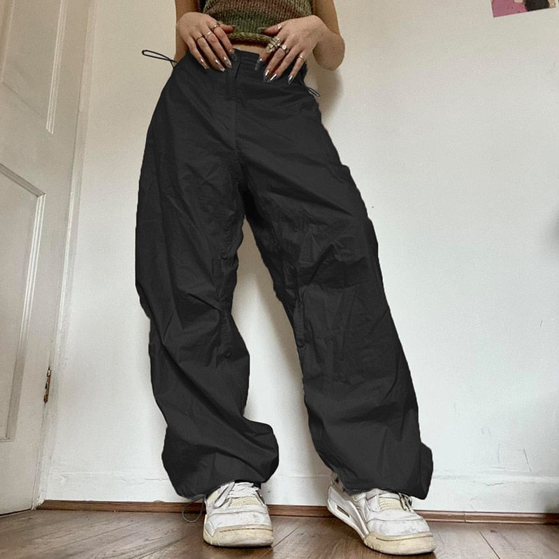 Schwarze Baggy-Hose Damen, lässig, Baumwolle, Streetwear, Mode, weite Passform, Trend 2023