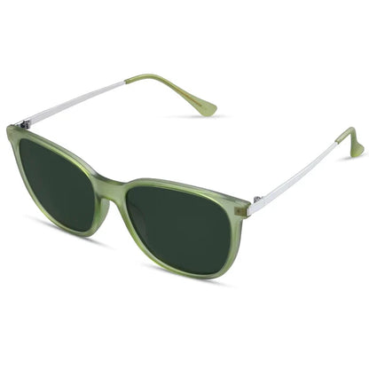 Grüne Sonnenbrille mit eckigem Rahmen, UV-Schutz, modisches Accessoire für Damen und Herren.