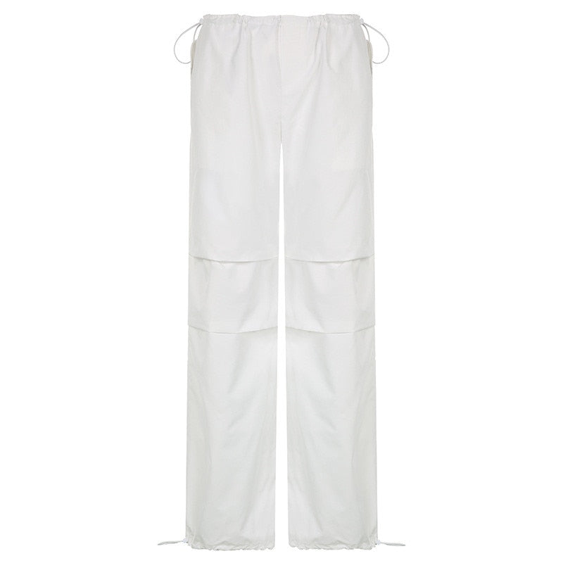 Weiße Damenhose, weites Bein, Kordelzug, Baumwolle, modisch, bequem, Sommerkleidung.