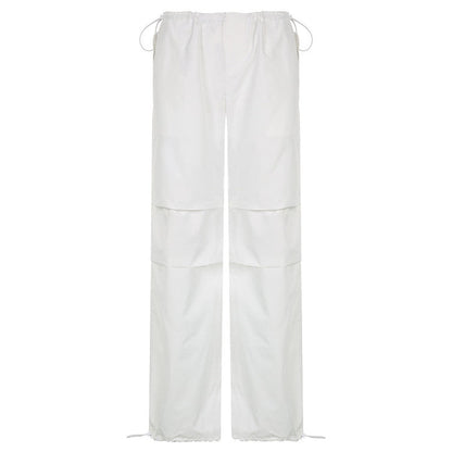 Weiße Damenhose, weites Bein, Kordelzug, Baumwolle, modisch, bequem, Sommerkleidung.