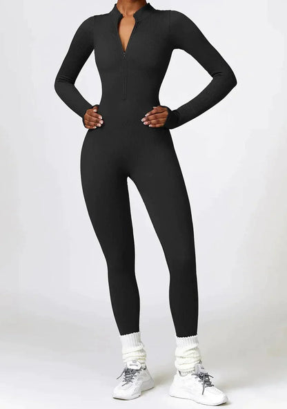 Schwarzer Damen-Jumpsuit mit Reißverschluss, langärmelig, figurbetont, modisch, bequem.