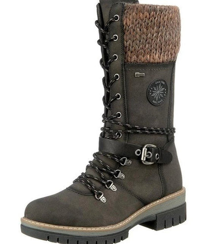 Damen Winterstiefel, braun, Leder, Schnürung, Strickkragen, rutschfeste Sohle, warm gefüttert.