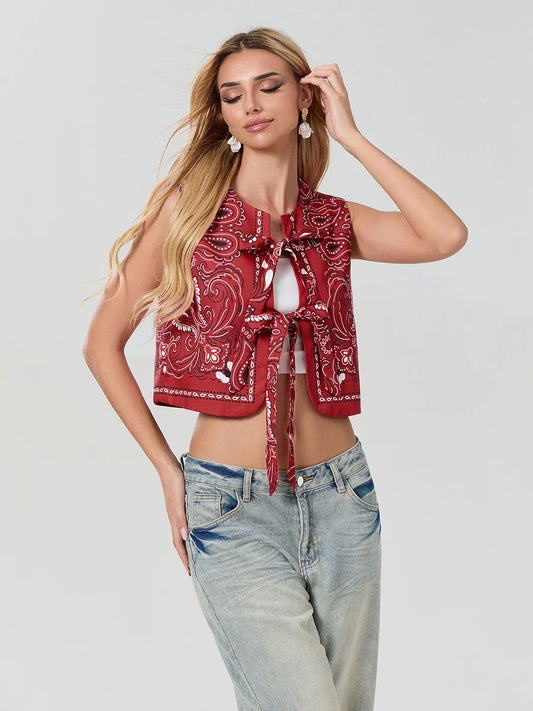 Y2K röd bandana-omlottopp trendig croppad streetwear-överdel - Liora