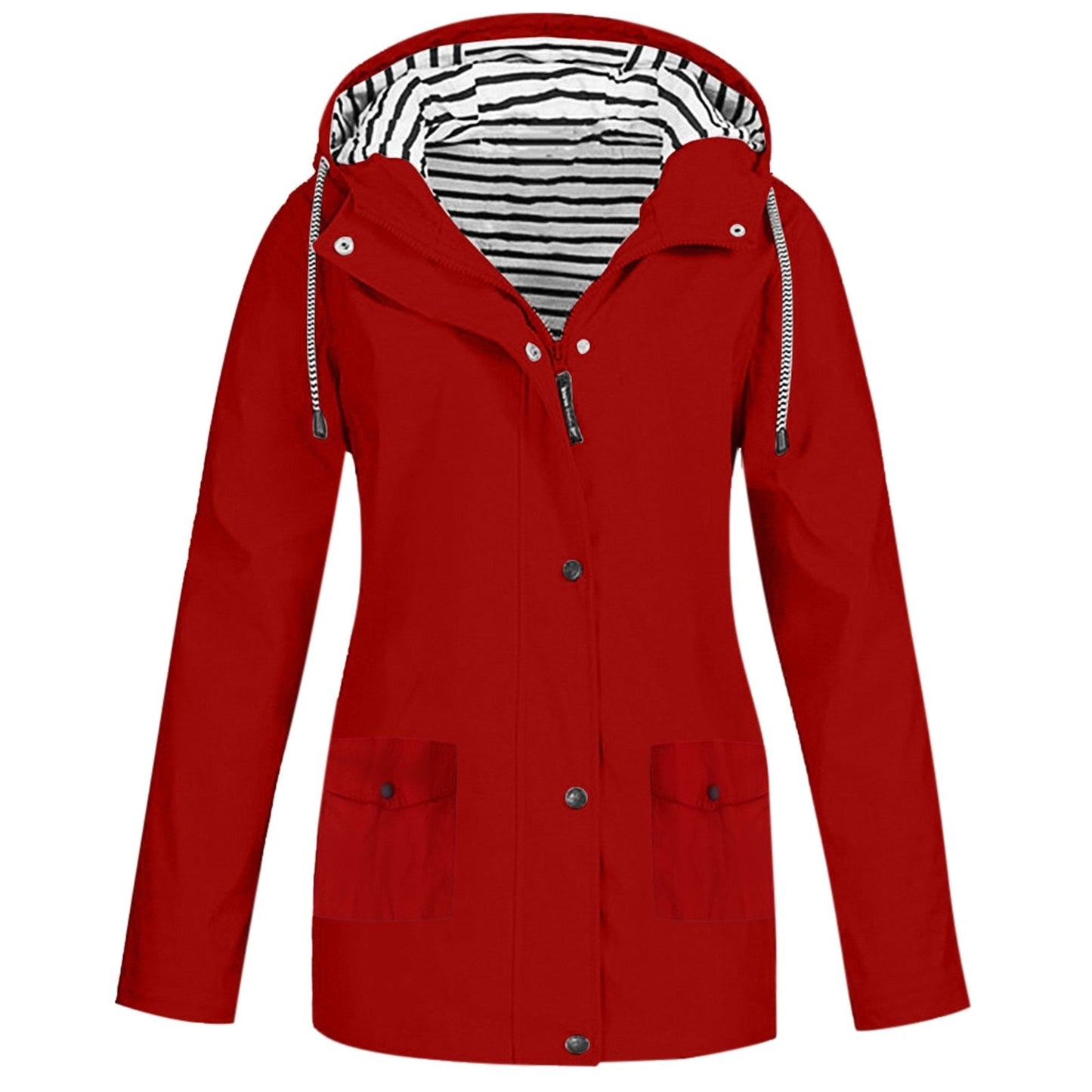 Rote Damen-Regenjacke mit Kapuze, gestreiftes Innenfutter, wasserdicht, Outdoor-Bekleidung.