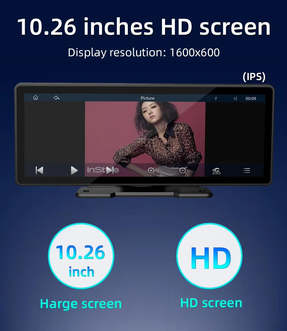 Universell 10,26-tums (26,06 cm) multimediaspelare för bil med trådlöst CarPlay och Android Auto