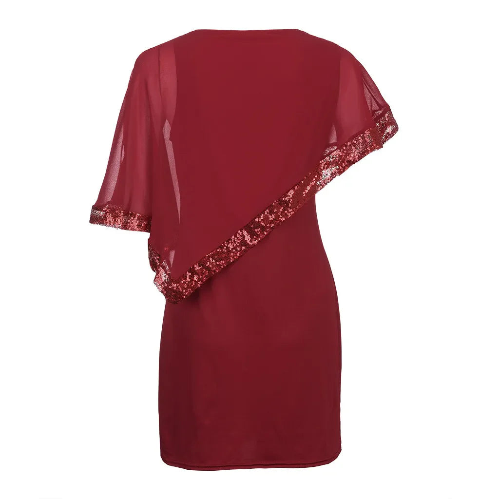 Rotes Damenkleid mit asymmetrischem Chiffon-Überwurf und Pailletten, elegantes Abendkleid.