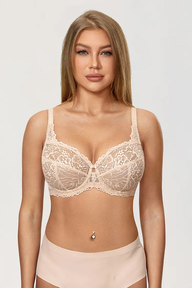 Frau in hautfarbenem Spitzen-BH, Unterwäsche, Mode, Damenbekleidung, Dessous, Komfort.