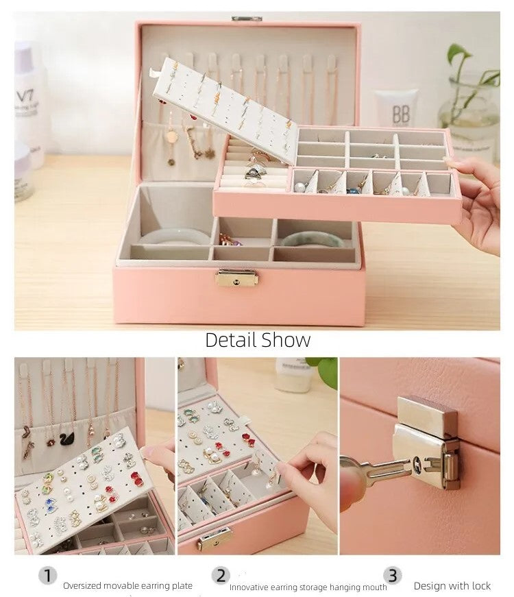 Rosa Schmuckkästchen mit Ohrringhalter, abschließbar, mehrschichtig, Organizer für Schmuck.