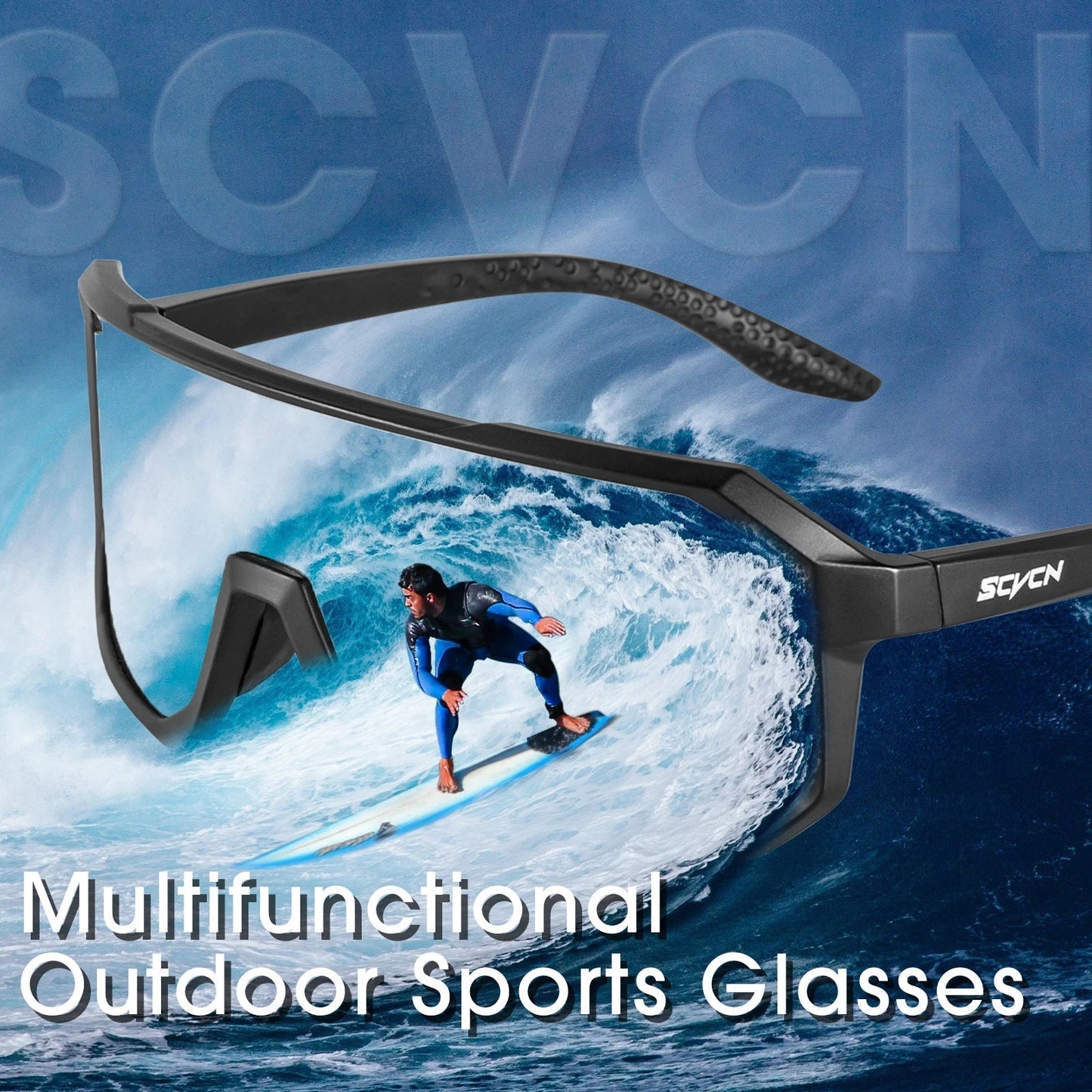 Multifunktionale Outdoor-Sportbrille, schwarz, für Surfen, UV-Schutz, robustes Design.