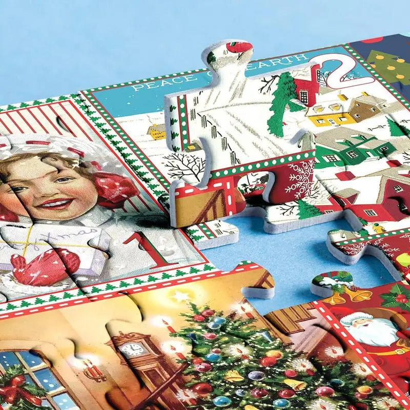 Weihnachtspuzzle mit Vintage-Design, bunte Teile, festliche Motive, Kinder und Weihnachtsbaum.