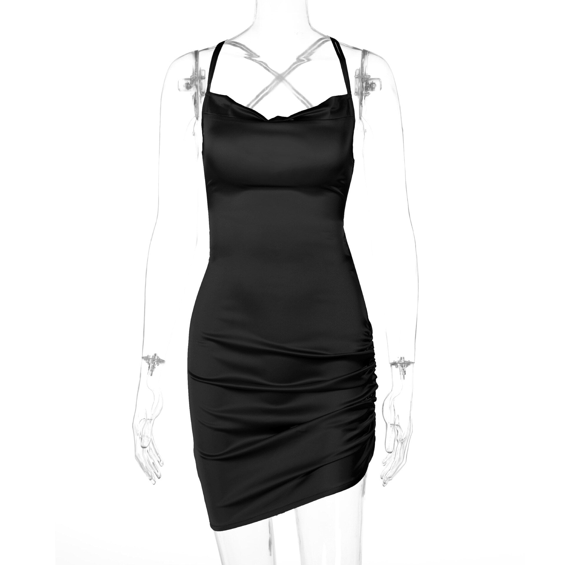 Schwarzes Satin-Minikleid mit Spaghettiträgern, figurbetont, elegant, Abendmode.
