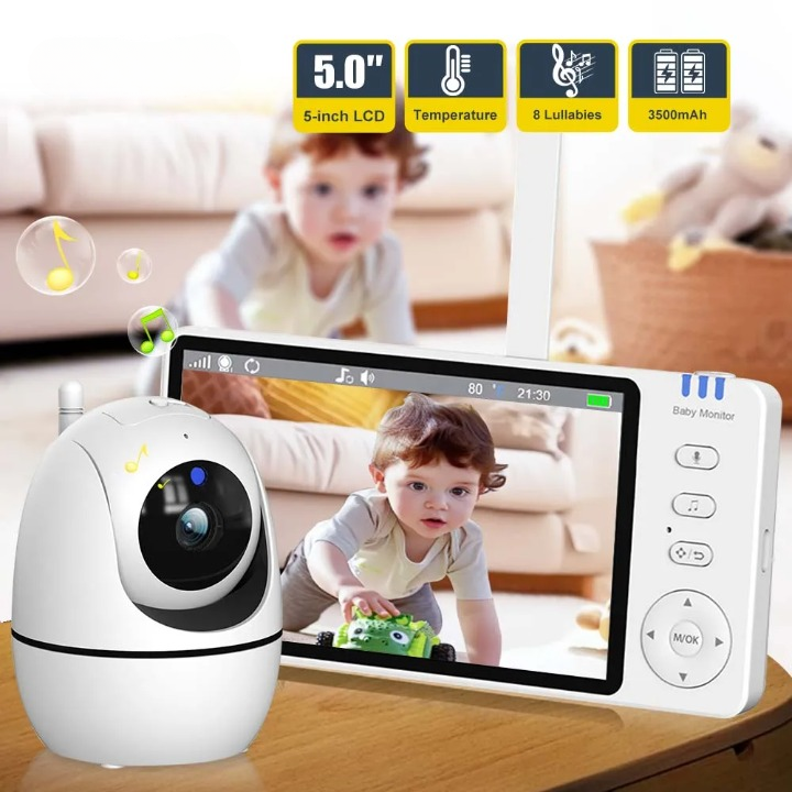 5-tums HD-videobabymonitor med kamera, PTZ-zoom och nattseende