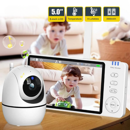 5-tums HD-videobabymonitor med kamera, PTZ-zoom och nattseende