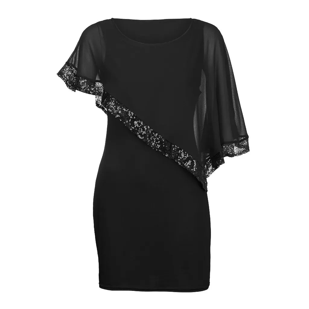 Schwarzes Kleid mit asymmetrischem Chiffon-Ärmel und Paillettenbesatz, elegant, Damenmode.