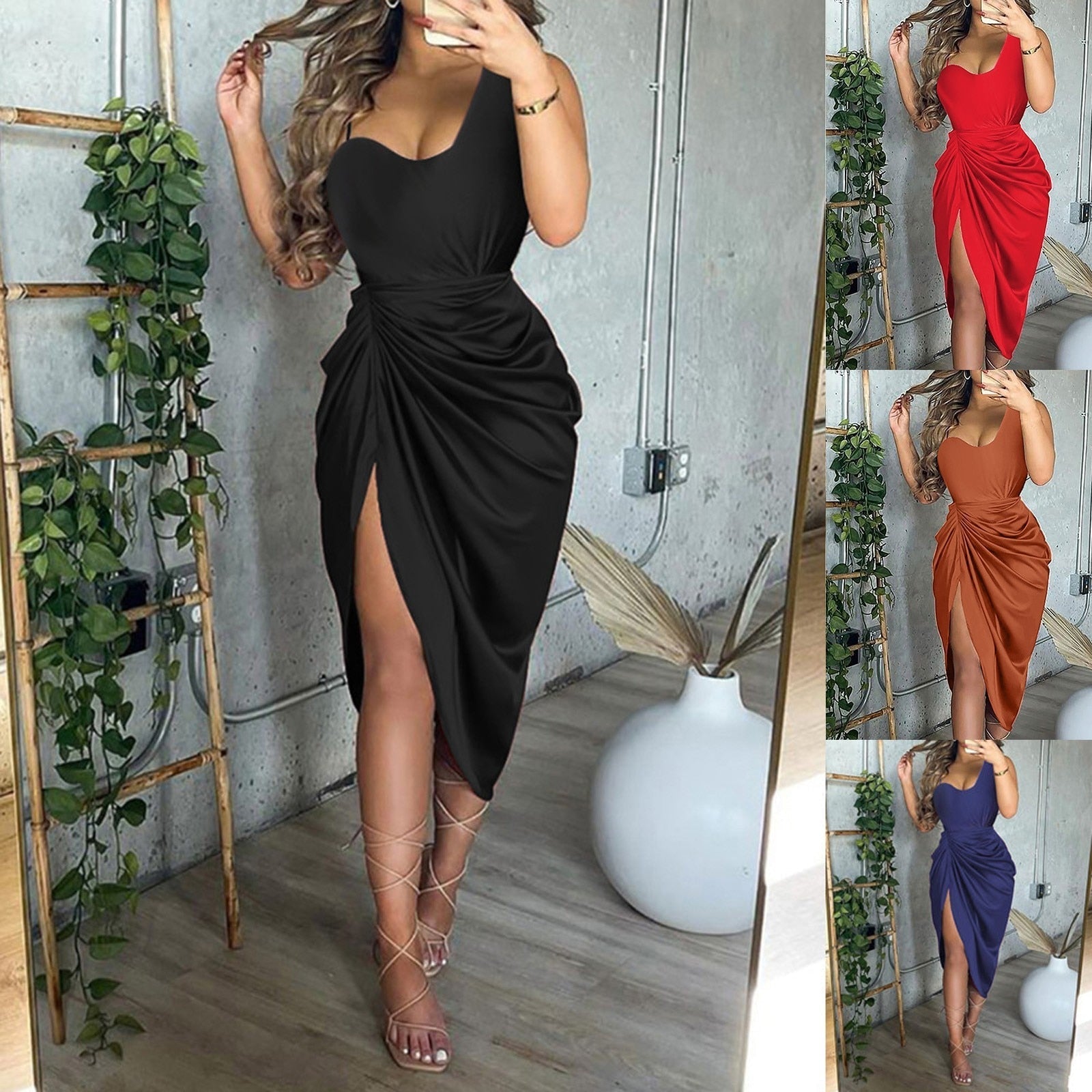 Elegantes schwarzes Abendkleid mit Schlitz, ärmellos, figurbetont, Damenmode, Partykleid.