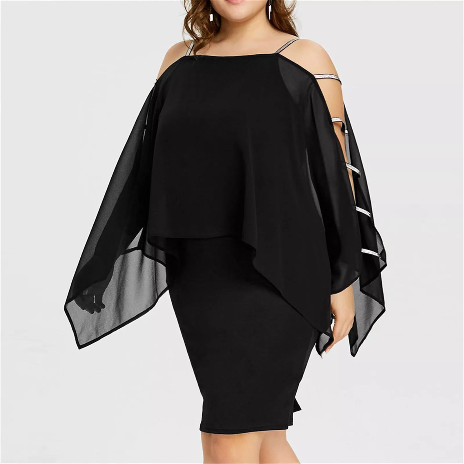 Damenkleid schwarz, schulterfrei, Chiffon, elegantes Design, Abendmode, Plus-Size.