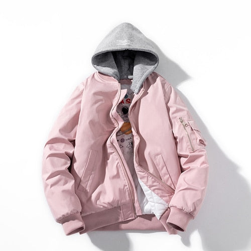 Rosa Bomberjacke mit grauem Kapuzenpullover, Unisex, modisch, lässig, Herbstkleidung.