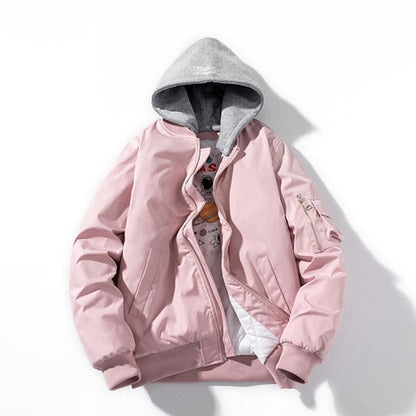 Rosa Bomberjacke mit grauem Kapuzenpullover, Unisex, modisch, lässig, Herbstkleidung.