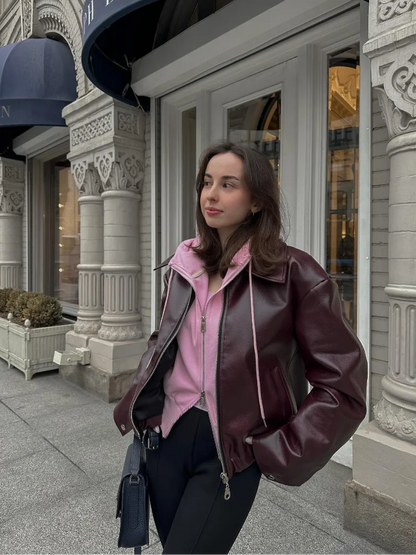 Brun damjacka i läder med reverskrage – Giulia
