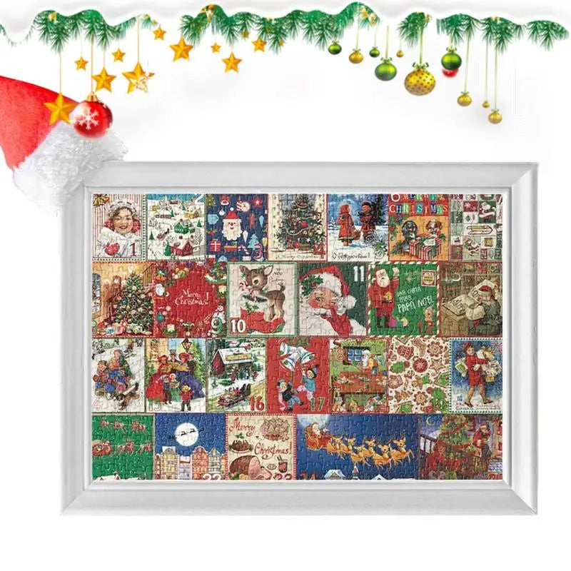 Weihnachtspuzzle im weißen Rahmen, bunte Motive, 1000 Teile, festliche Dekoration.