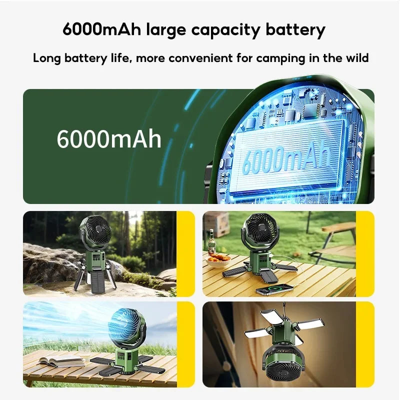 Solcellsdriven campingfläkt med 6000 mAh-batteri, LED-lampa och 4 hastighetsinställningar – SunBreeze