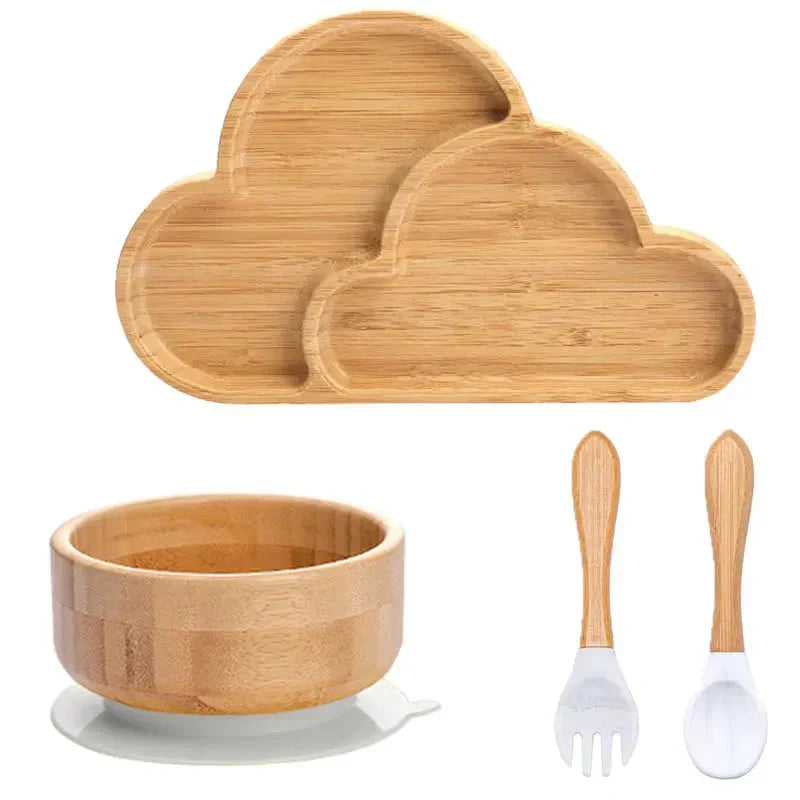 Bambus Kindergeschirr Set Wolke, Schüssel, Löffel, Gabel, umweltfreundlich, nachhaltig