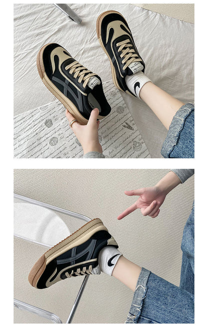 Schwarze und beige Sneaker, Retro-Design, Gummisohle, Freizeitschuhe, Damenmode.