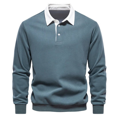 Blauer Herren-Pullover mit weißem Kragen, Langarm, Baumwolle, klassisches Design.