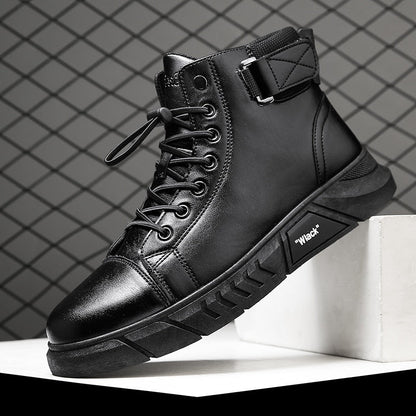 Schwarzer Herren-Sneaker-Stiefel, Leder, Schnürung, modisch, robust, rutschfeste Sohle.