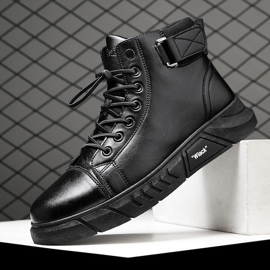 Schwarzer Herren-Sneaker-Stiefel, Leder, Schnürung, modisch, robust, rutschfeste Sohle.