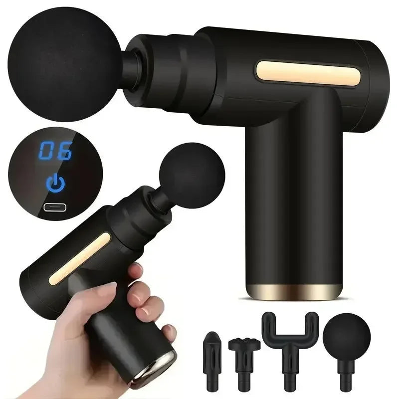 Schwarze Massagepistole mit LCD-Display, 5 Aufsätzen, Handmassagegerät, Muskelentspannung.