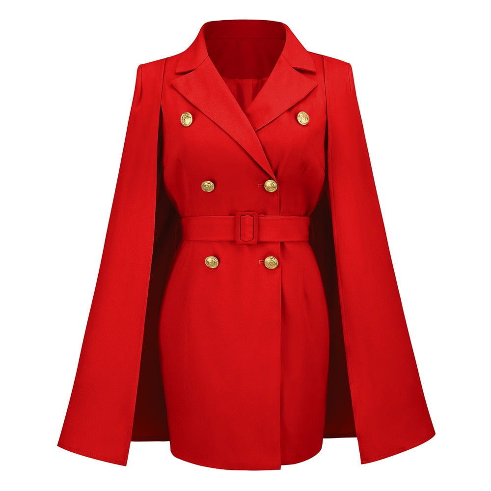 Roter Damen-Cape-Blazer mit goldenen Knöpfen, elegantes Design, modische Oberbekleidung.