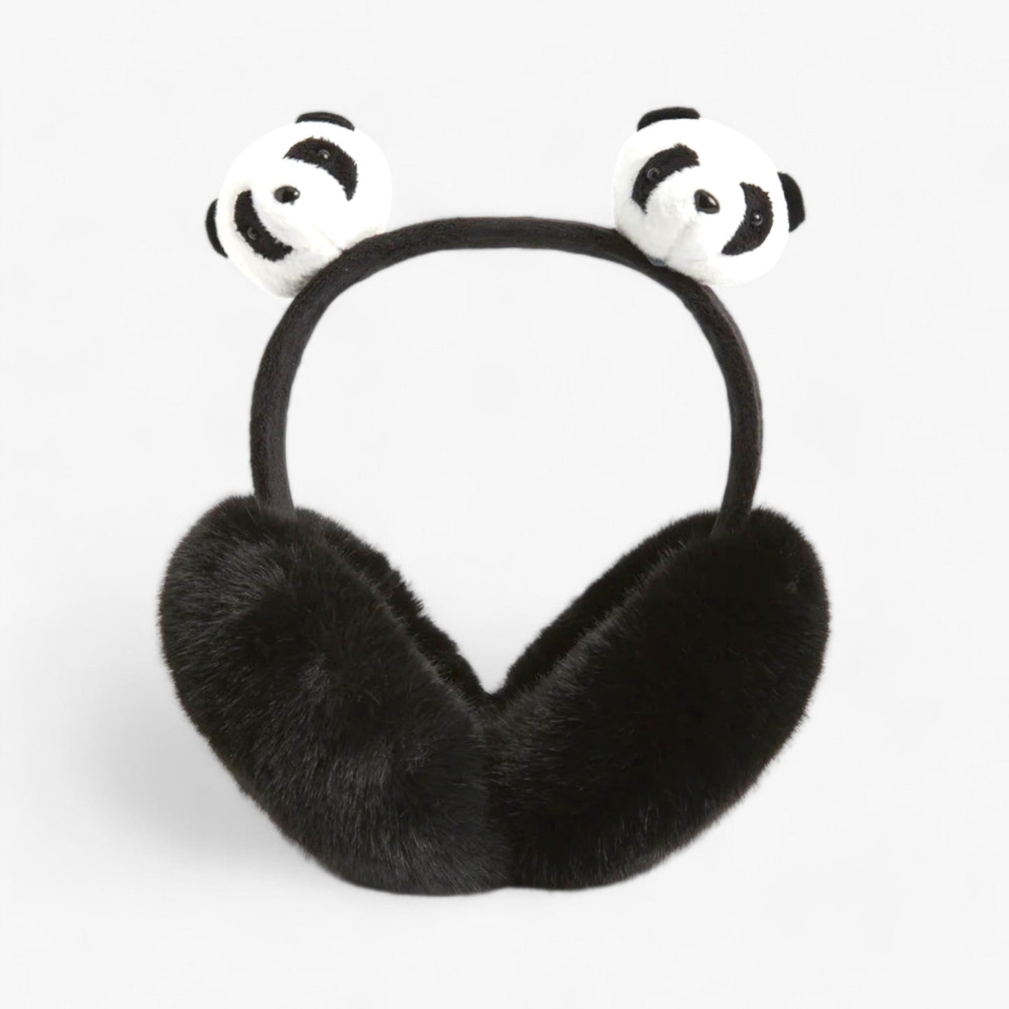 Schwarze Plüsch-Ohrenschützer mit Panda-Design, warm, modisch, Winteraccessoire.