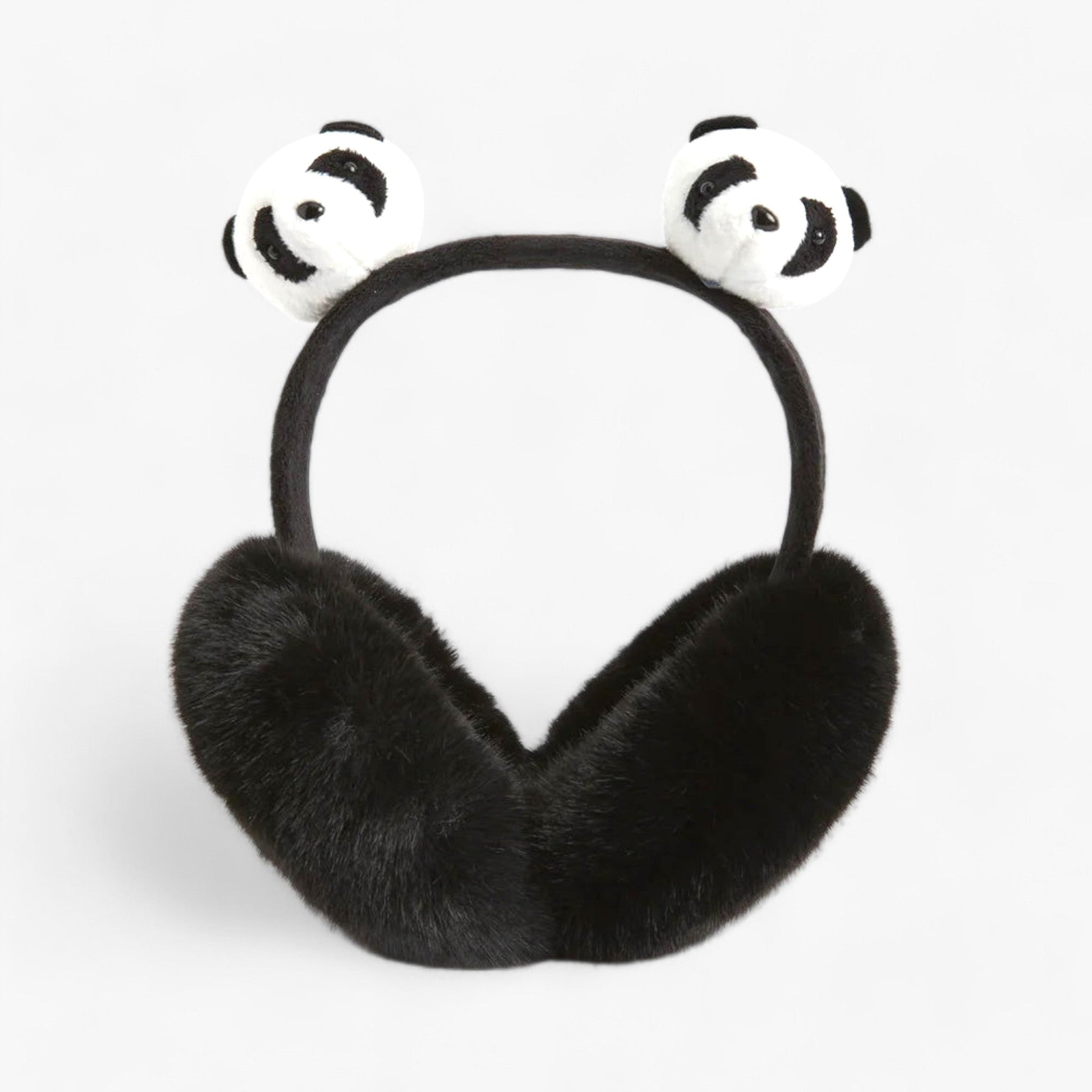 Schwarze Plüsch-Ohrenschützer mit Panda-Design, warm, modisch, Winteraccessoire.