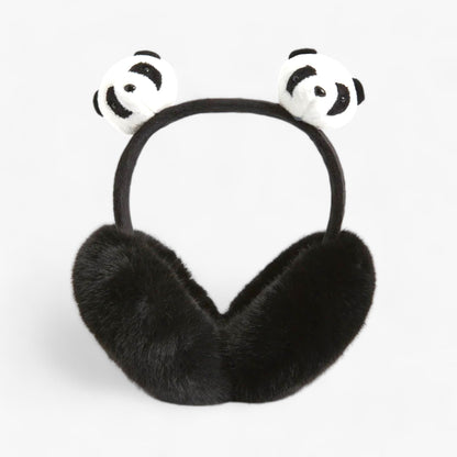 Schwarze Plüsch-Ohrenschützer mit Panda-Design, warm, modisch, Winteraccessoire.