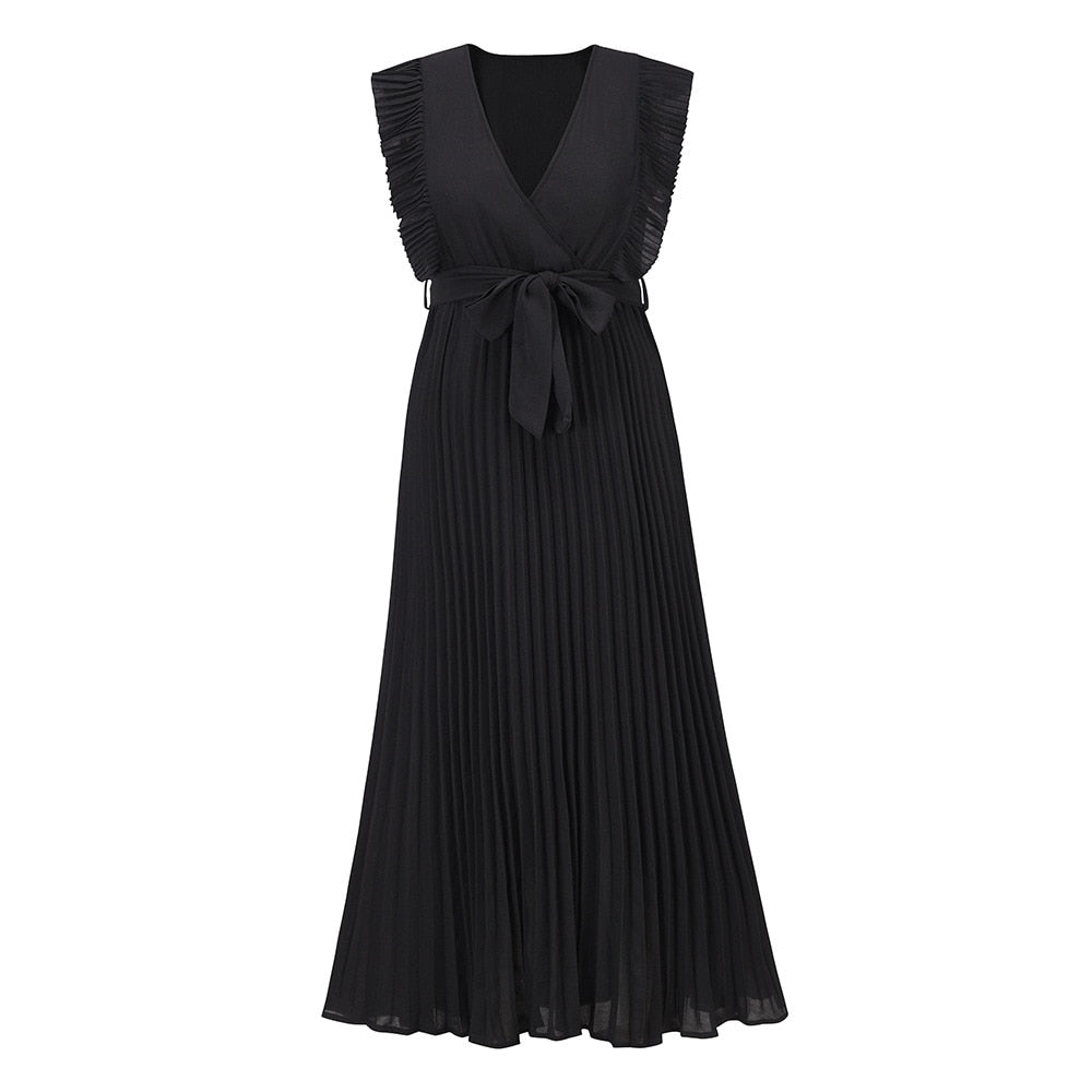 Schwarzes, ärmelloses Maxikleid mit Plissee und Taillengürtel, elegantes Abendkleid.