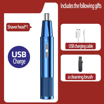 Blauer Nasenhaartrimmer USB aufladbar mit Zubehör: Ladekabel, Reinigungsbürste, Ersatzkopf.