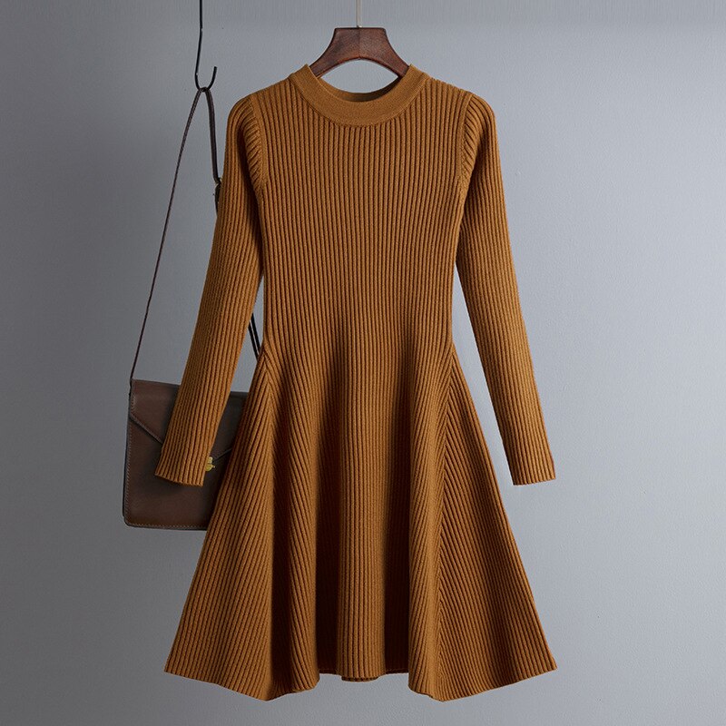 Braunes Strickkleid aus Wolle, langärmelig, knielang, elegantes Design, Herbstmode Damen.