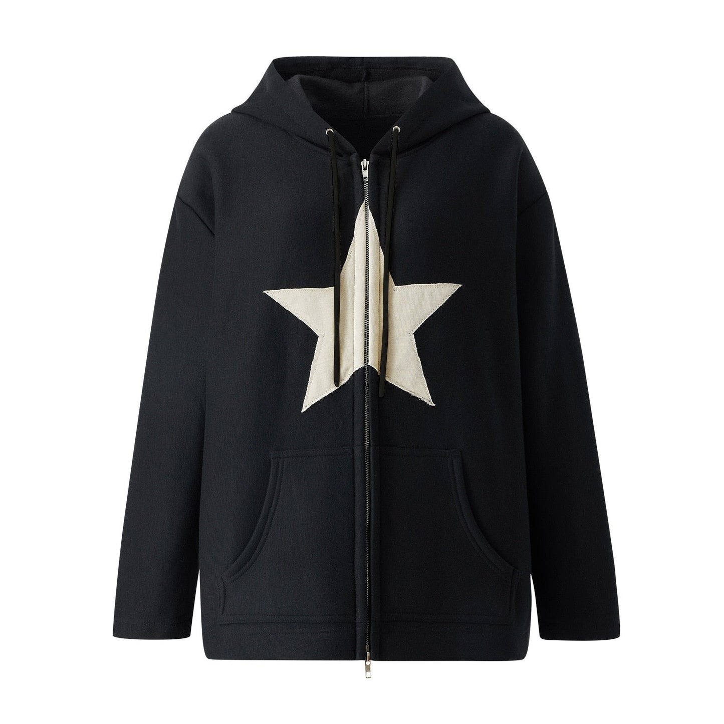 Schwarzer Hoodie mit weißem Stern, Kapuze, Kängurutasche, Unisex, Baumwolle.