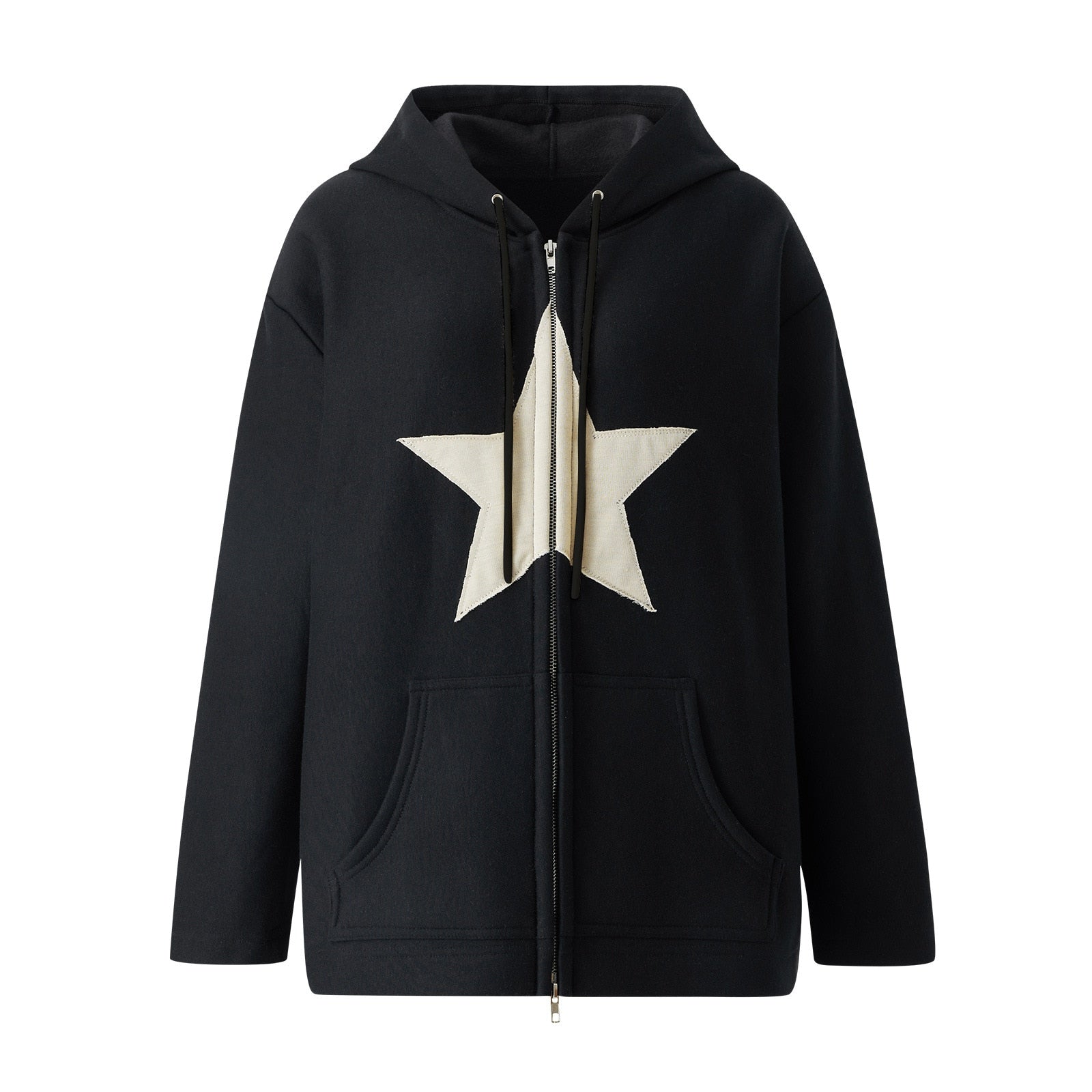 Schwarzer Hoodie mit weißem Stern, Kapuze, Kängurutasche, Unisex, Baumwolle.
