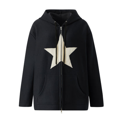 Schwarzer Hoodie mit weißem Stern, Kapuze, Kängurutasche, Unisex, Baumwolle.