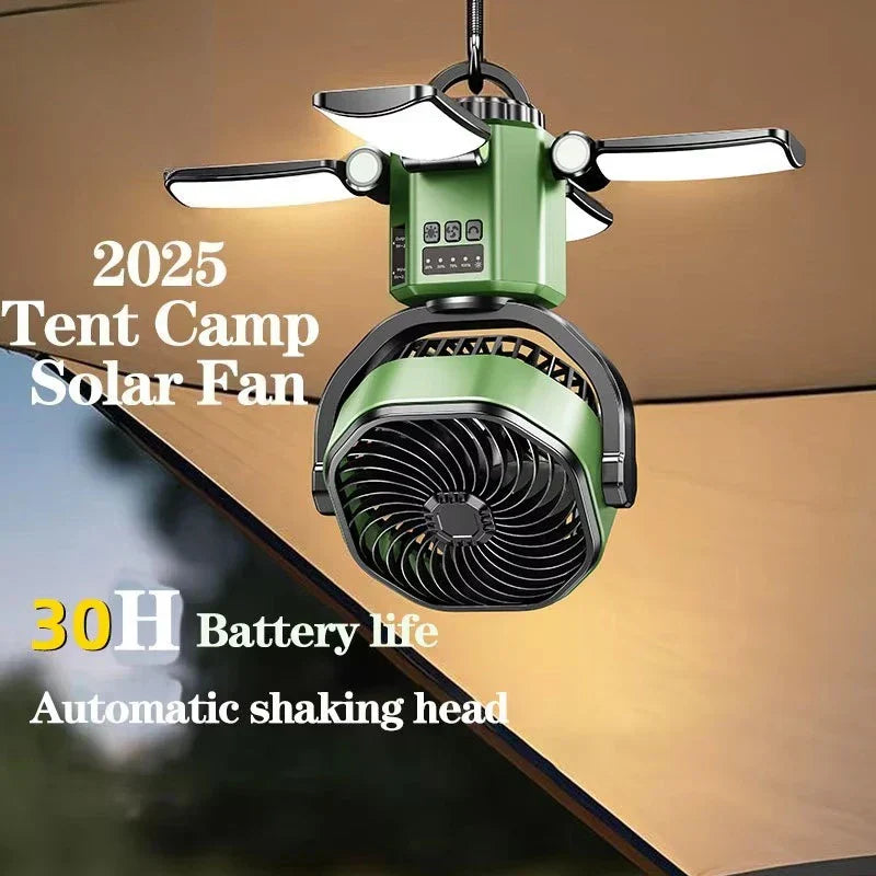 Solcellsdriven campingfläkt med 6000 mAh-batteri, LED-lampa och 4 hastighetsinställningar – SunBreeze