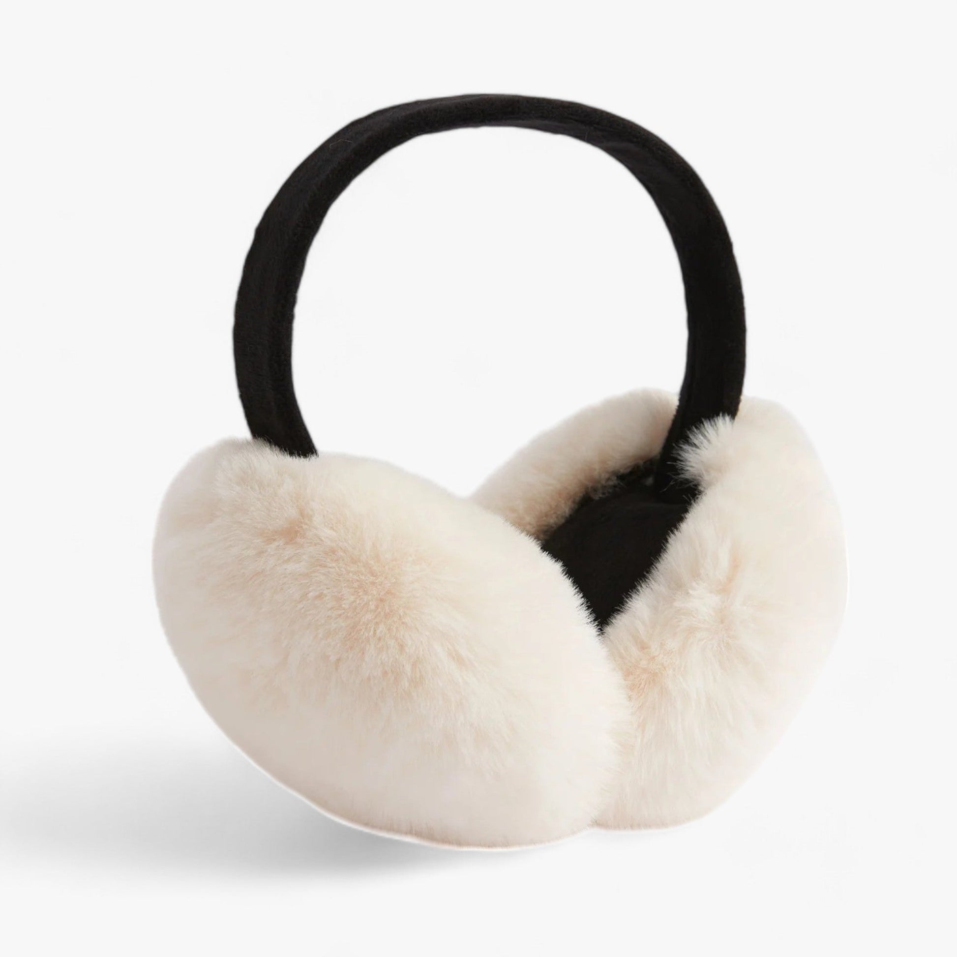 Weiße Fell-Ohrenschützer, flauschig, warm, Winteraccessoire, modisch, Damen, schwarz-weißer Bügel.