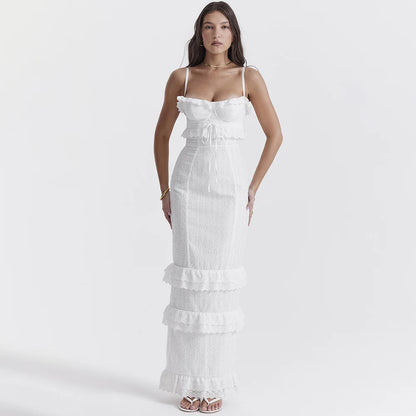 Stilren broderad camisole-maxiklänning i vitt – Alina