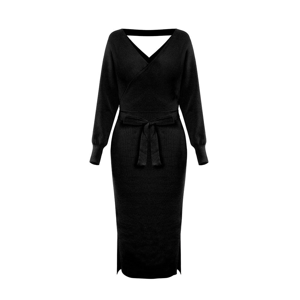 Schwarzes Damen-Wickelkleid, langärmelig, V-Ausschnitt, mit Gürtel, elegantes Design.