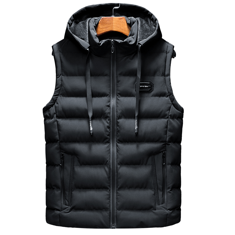 Schwarze Herren-Daunenweste mit Kapuze, Reißverschluss, warm, modisch, Winterbekleidung.