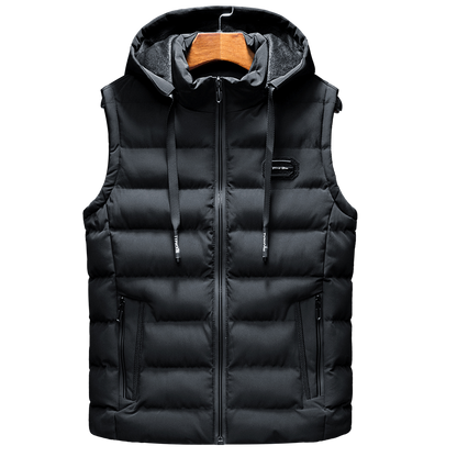 Schwarze Herren-Daunenweste mit Kapuze, Reißverschluss, warm, modisch, Winterbekleidung.