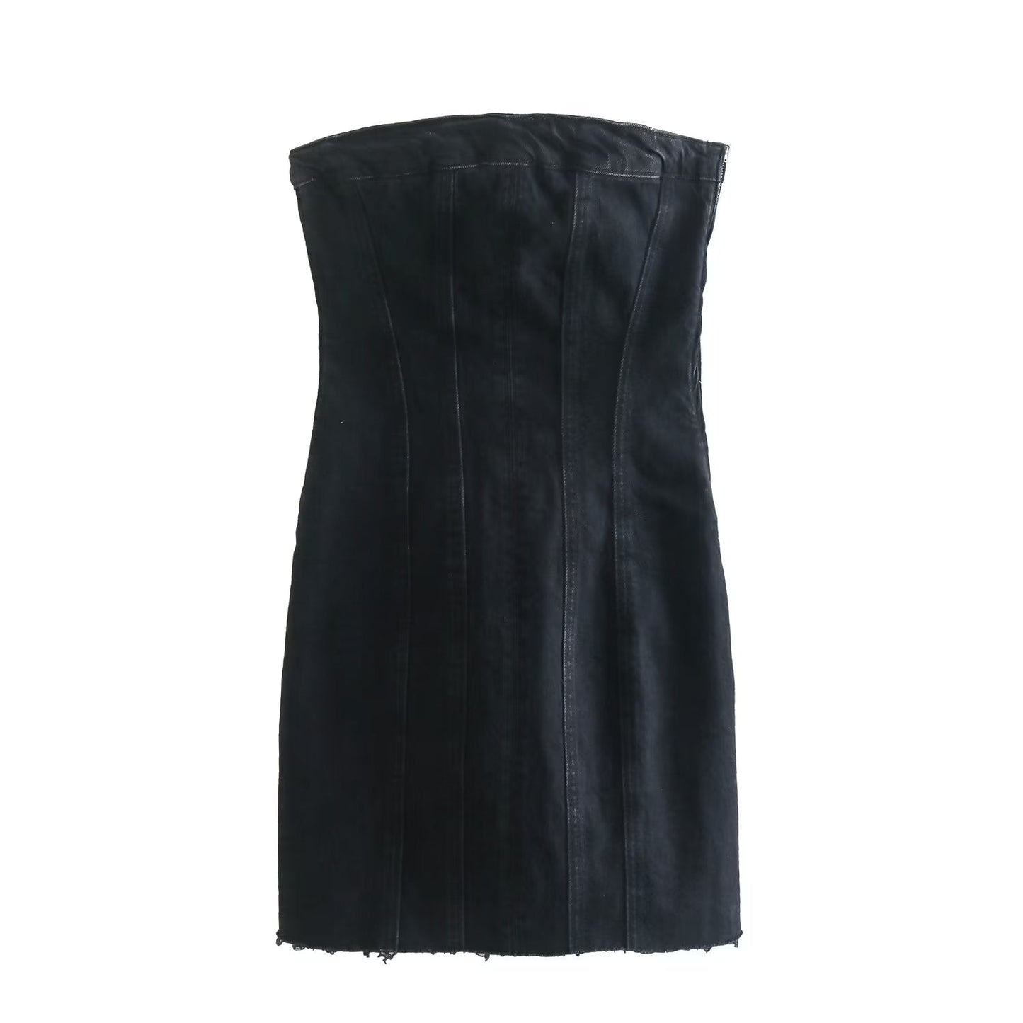Schwarzes trägerloses Denim-Kleid, figurbetont, modisch, elegant, Damenmode.