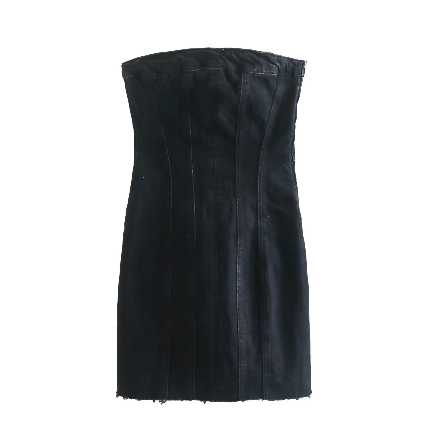 Schwarzes trägerloses Denim-Kleid, figurbetont, modisch, elegant, Damenmode.